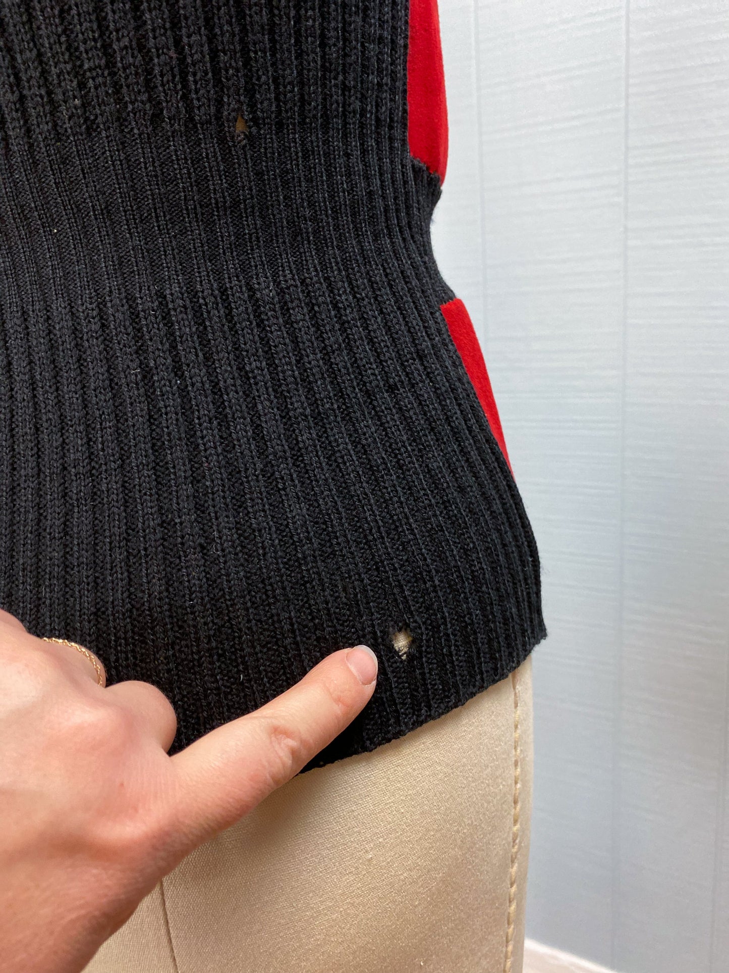 60's 70's Red Suede & Black Sweater Ribbed V Neck Vest | S/M