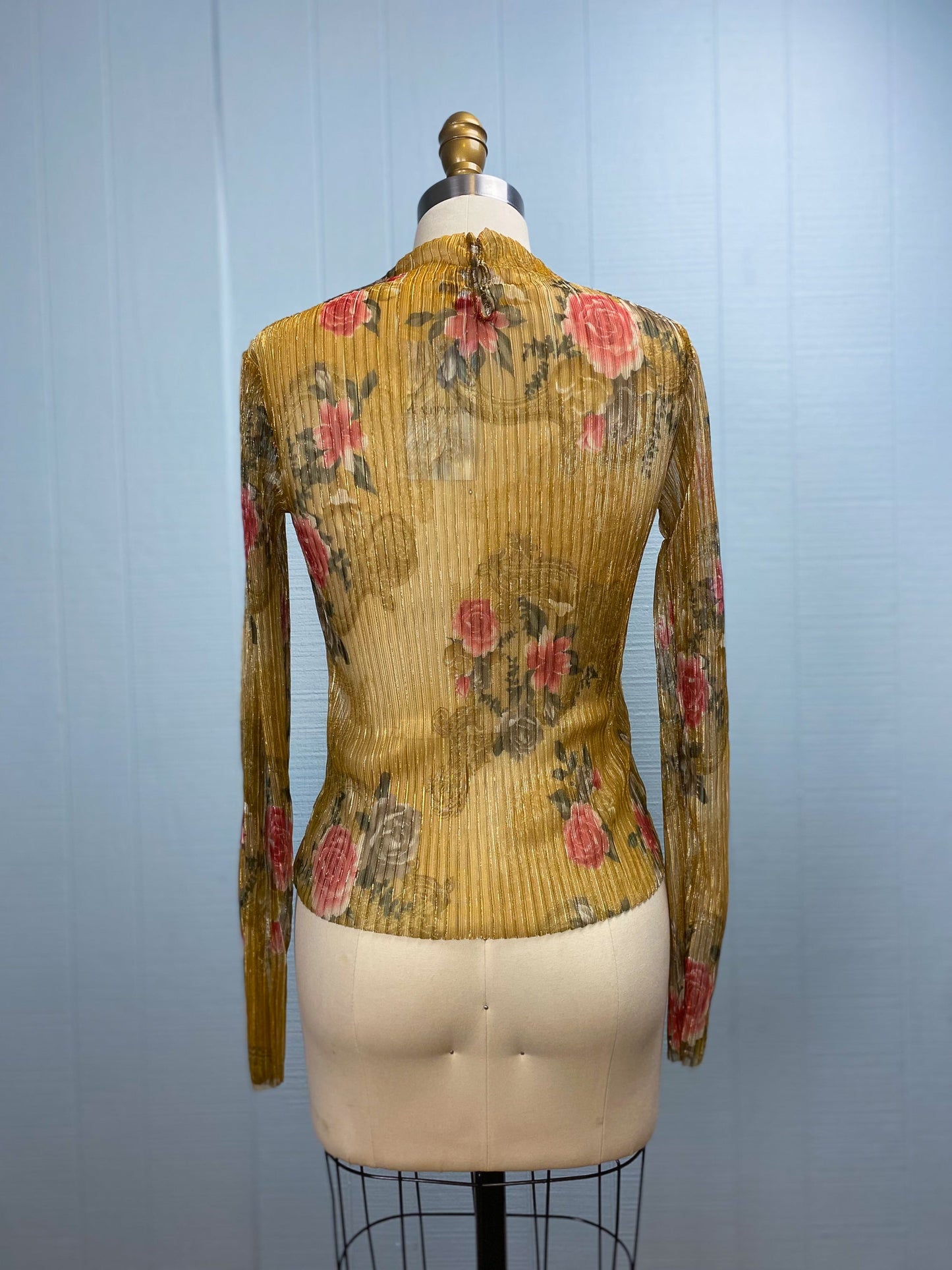 Metallic Gold Sheer Pleated Floral Rose Top Callipygian NWT Mockneck Turtleneck