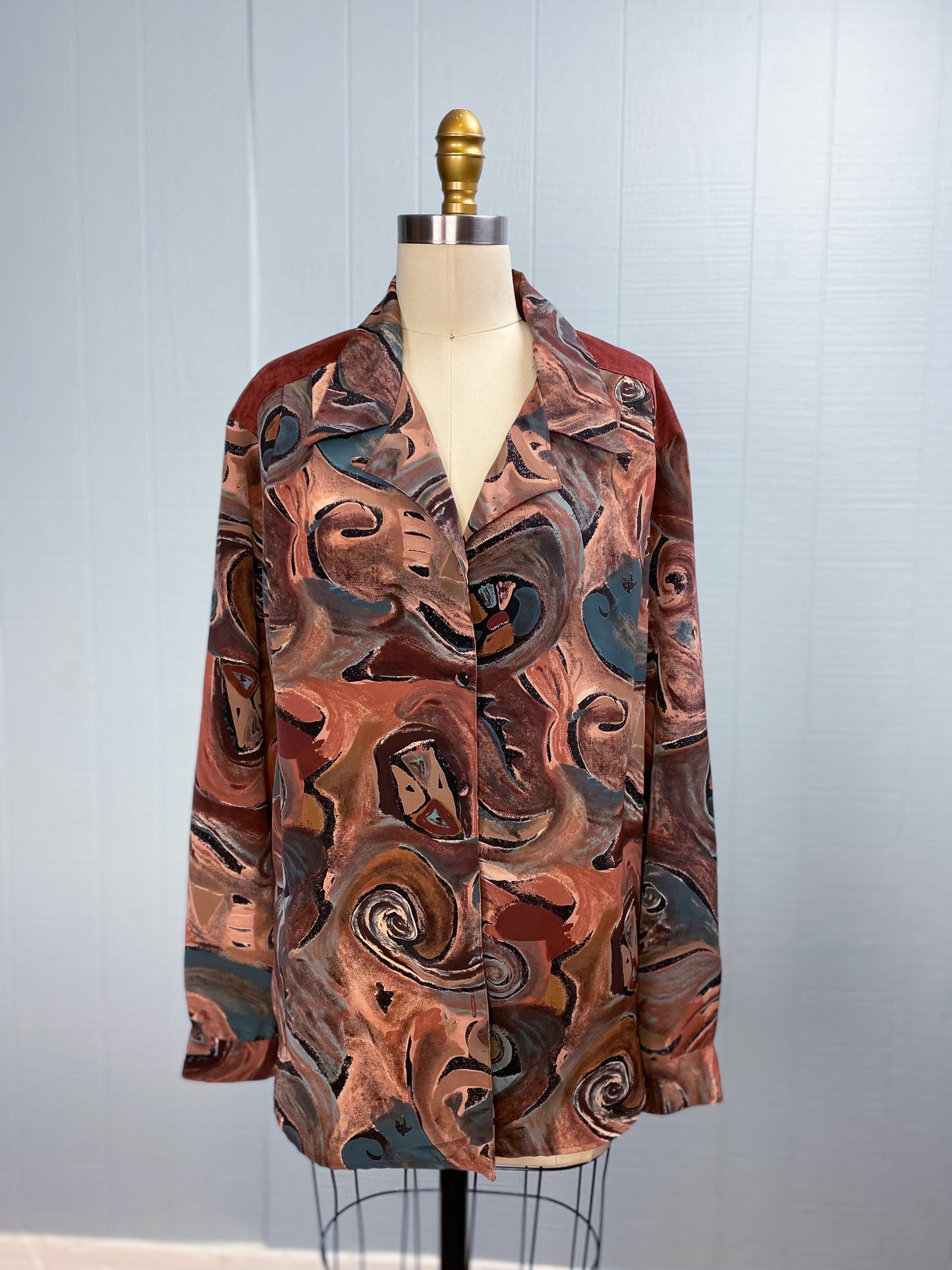 90s Brown & Teal Swirl & Suede Blouse | XL