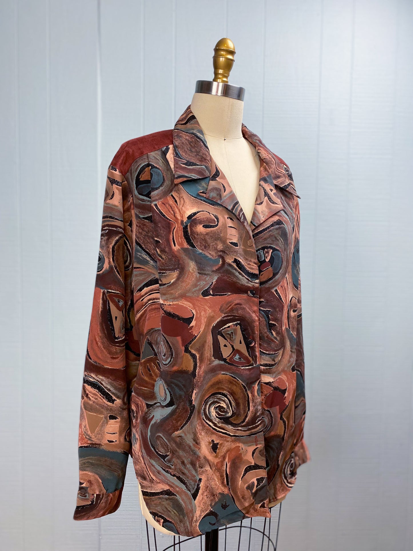 90s Brown & Teal Swirl & Suede Blouse | XL