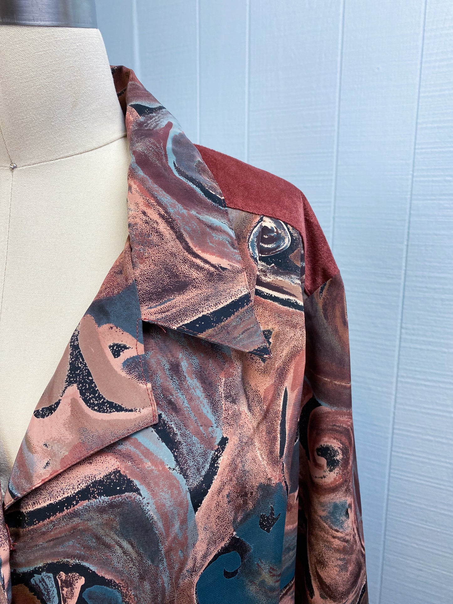90s Brown & Teal Swirl & Suede Blouse | XL