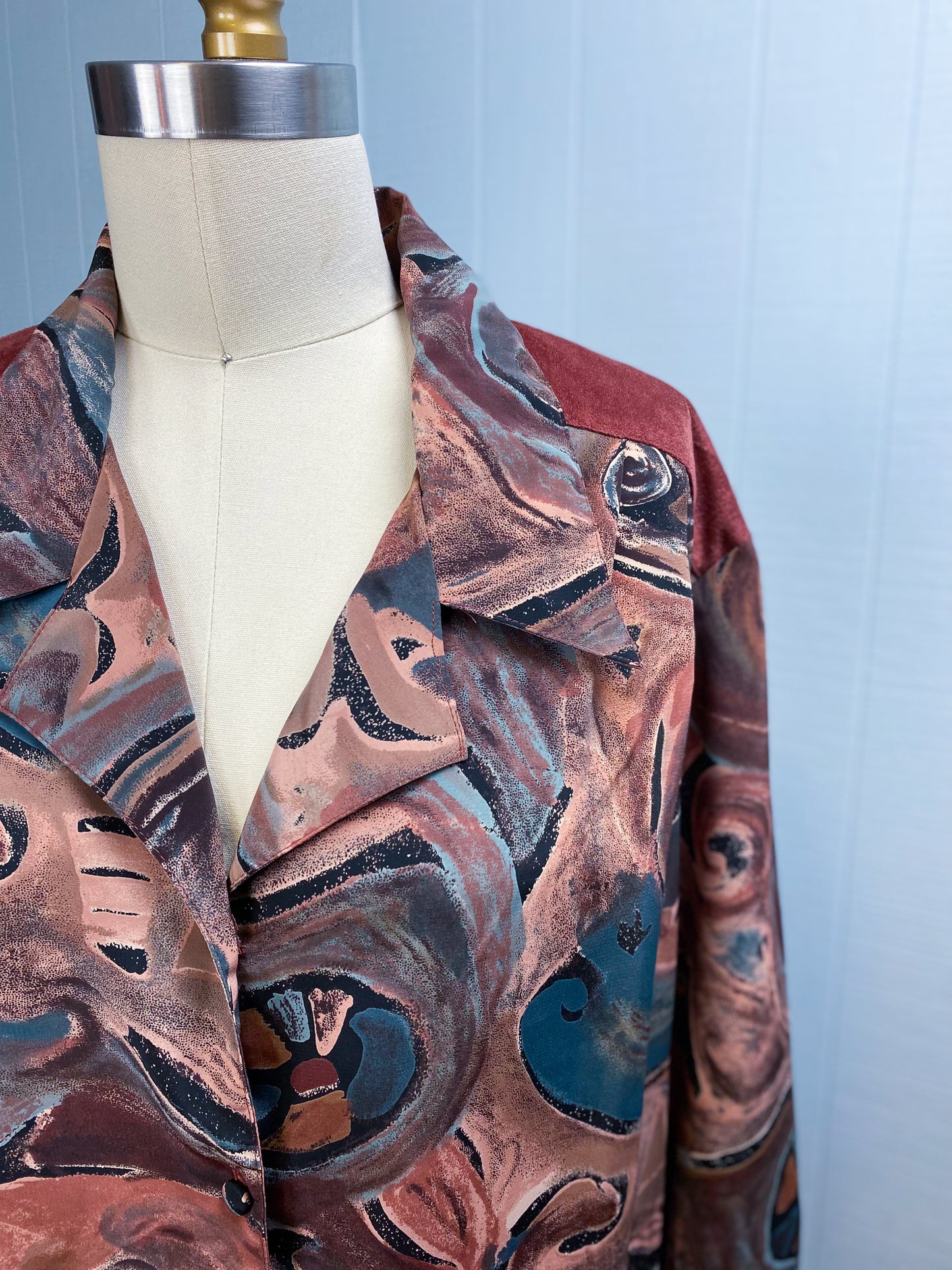 90s Brown & Teal Swirl & Suede Blouse | XL