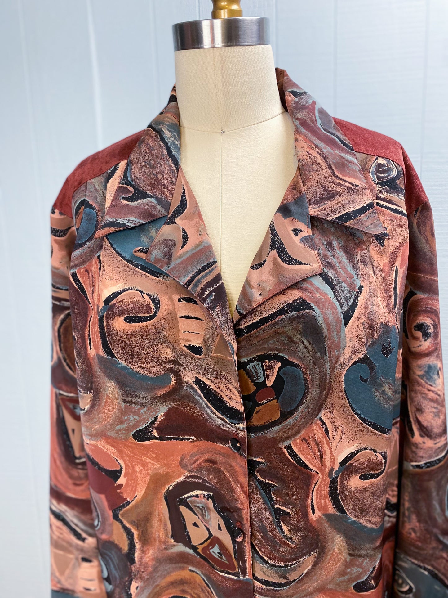 90s Brown & Teal Swirl & Suede Blouse | XL