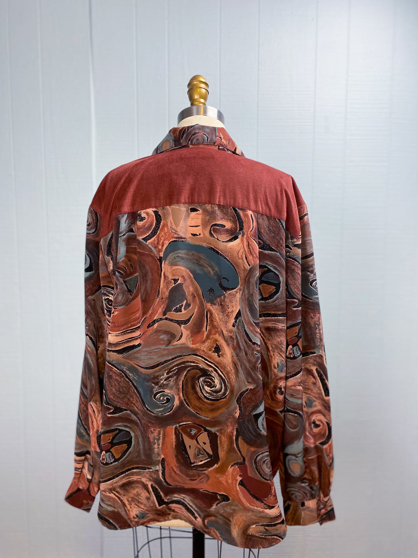90s Brown & Teal Swirl & Suede Blouse | XL