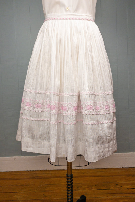 50s 60s White & Pink Eyelet Skirt | 23"