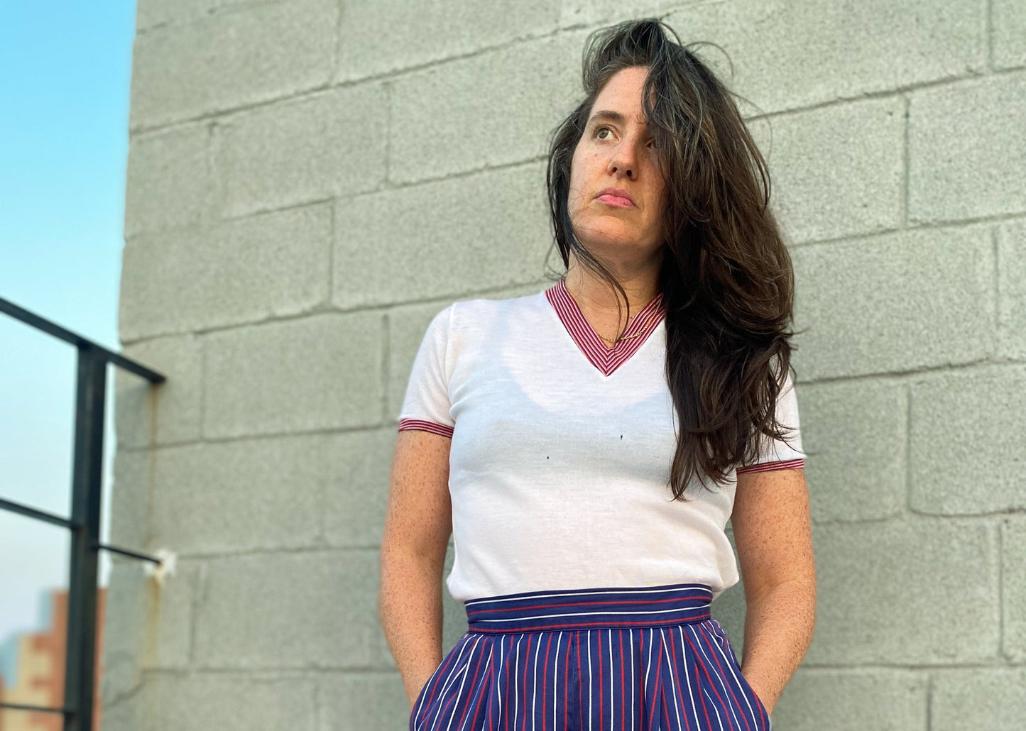 60s 70s V Neck Ringer Red White & Blue TShirt