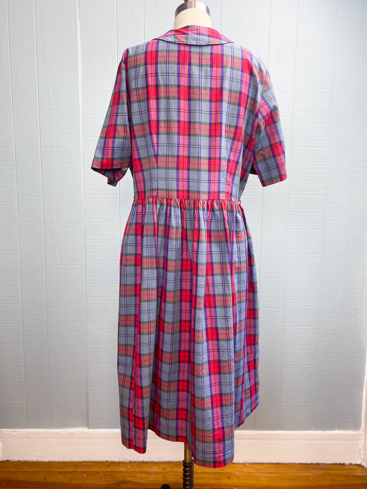 60's Red & Purple Plaid Peter Pan Dress | L/XL