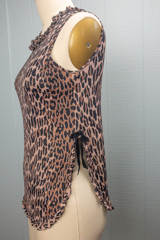 50s 60s Leopard Ruffle Tank Top | XXS/XS
