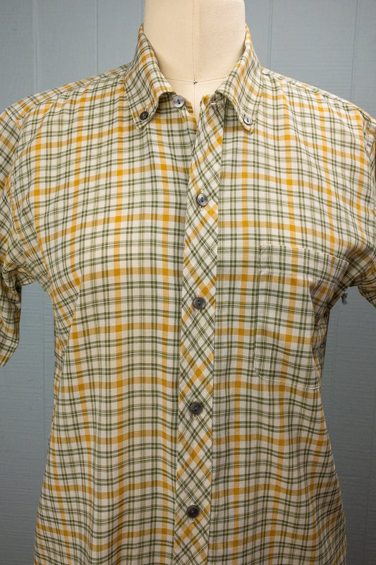 50's 60's Green & Yellow Plaid Button Down Shirt | M