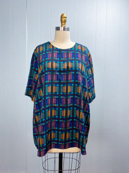 80's Geo Patterened Navy Brown Teal S/S Shirt | 2XL