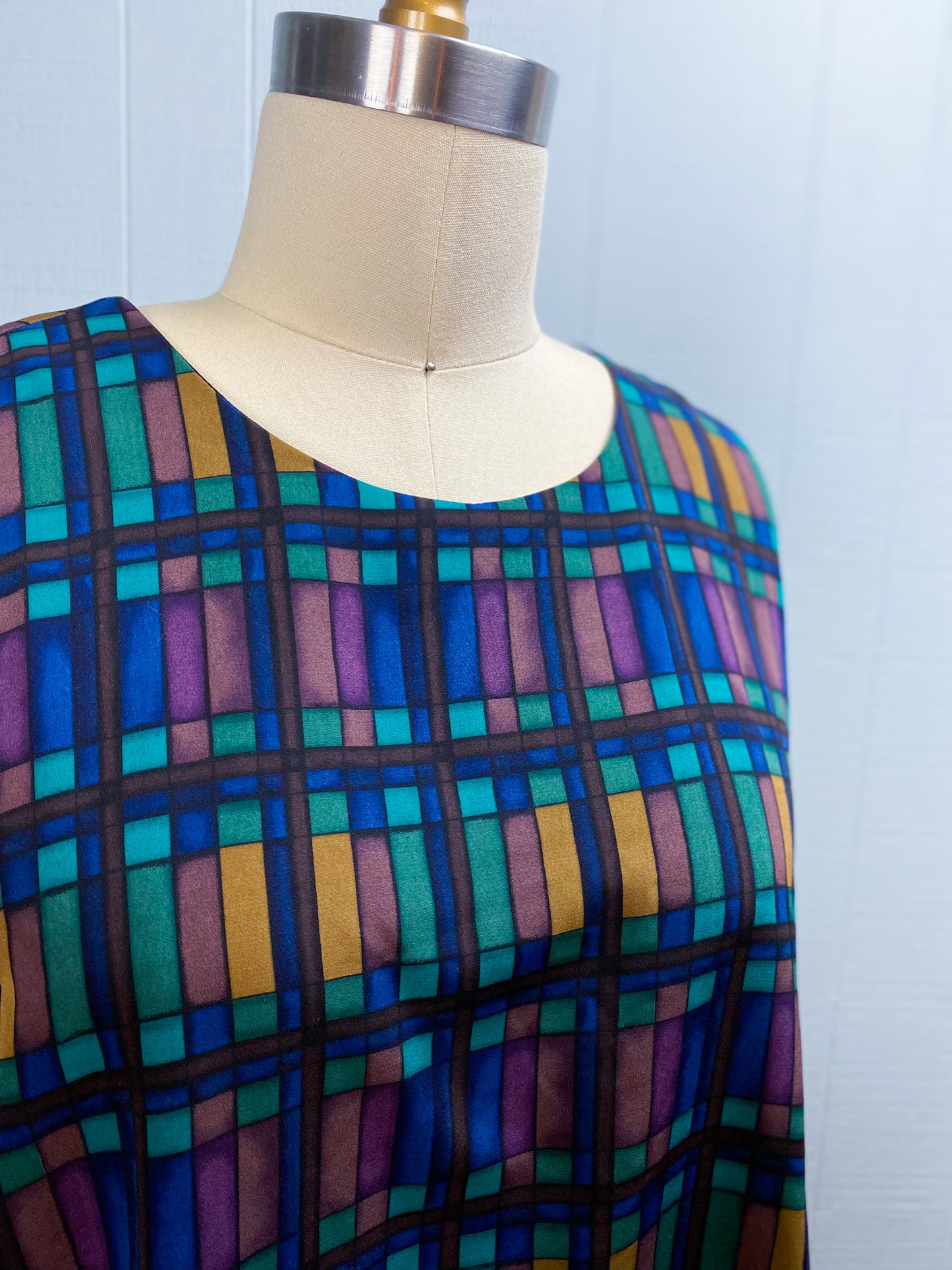 80's Geo Patterened Navy Brown Teal S/S Shirt | 2XL