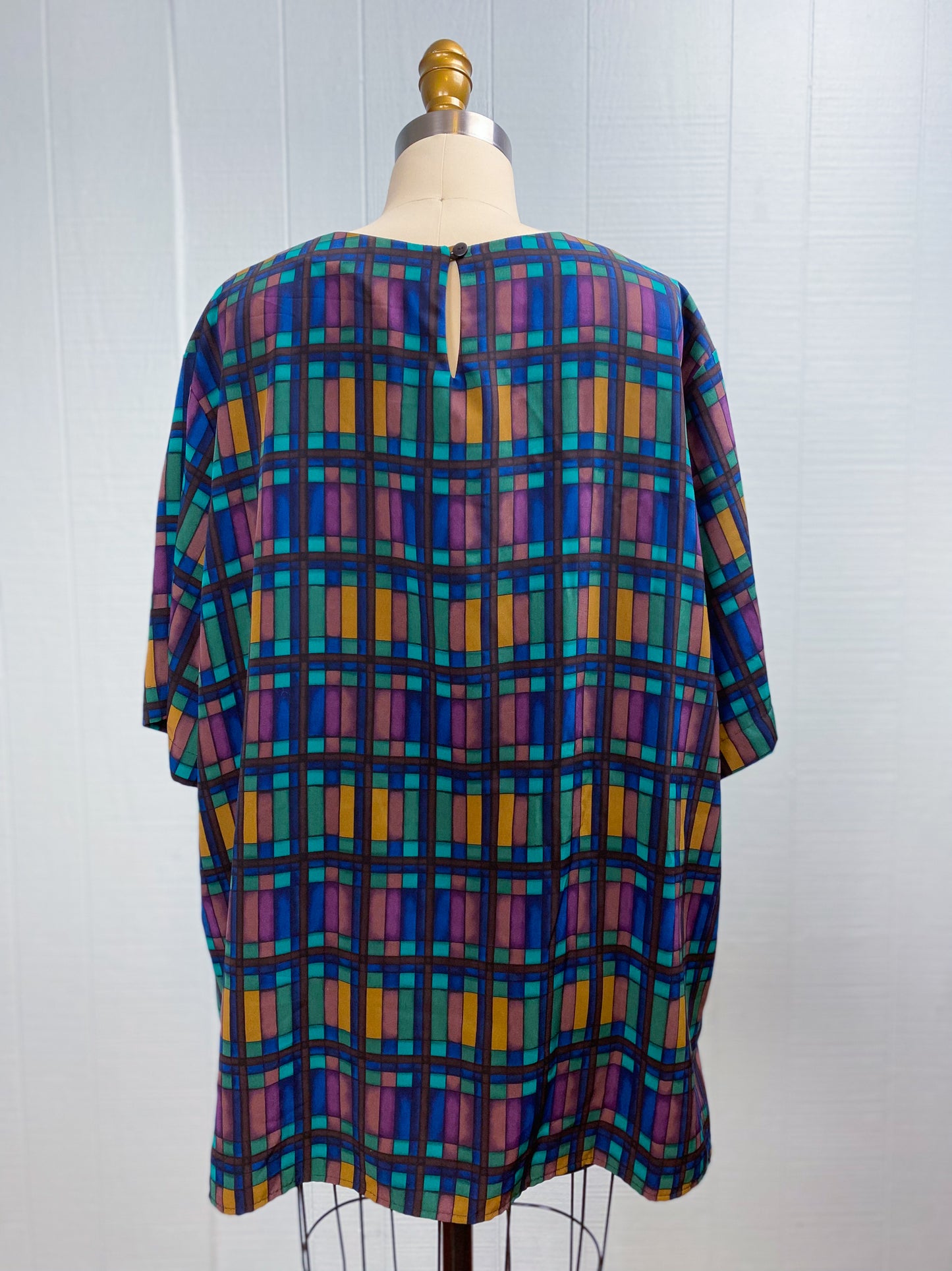 80's Geo Patterened Navy Brown Teal S/S Shirt | 2XL