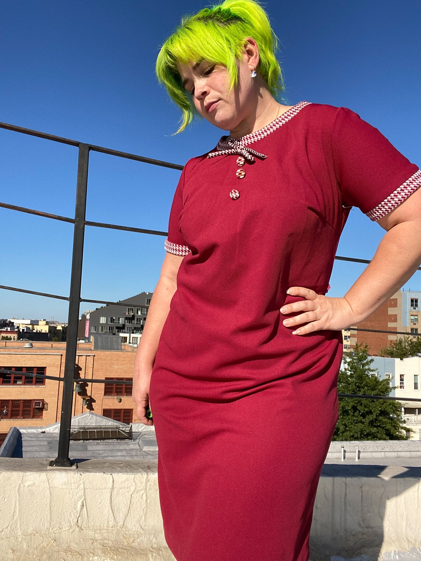 70's Red Check Bow Dress | XXL