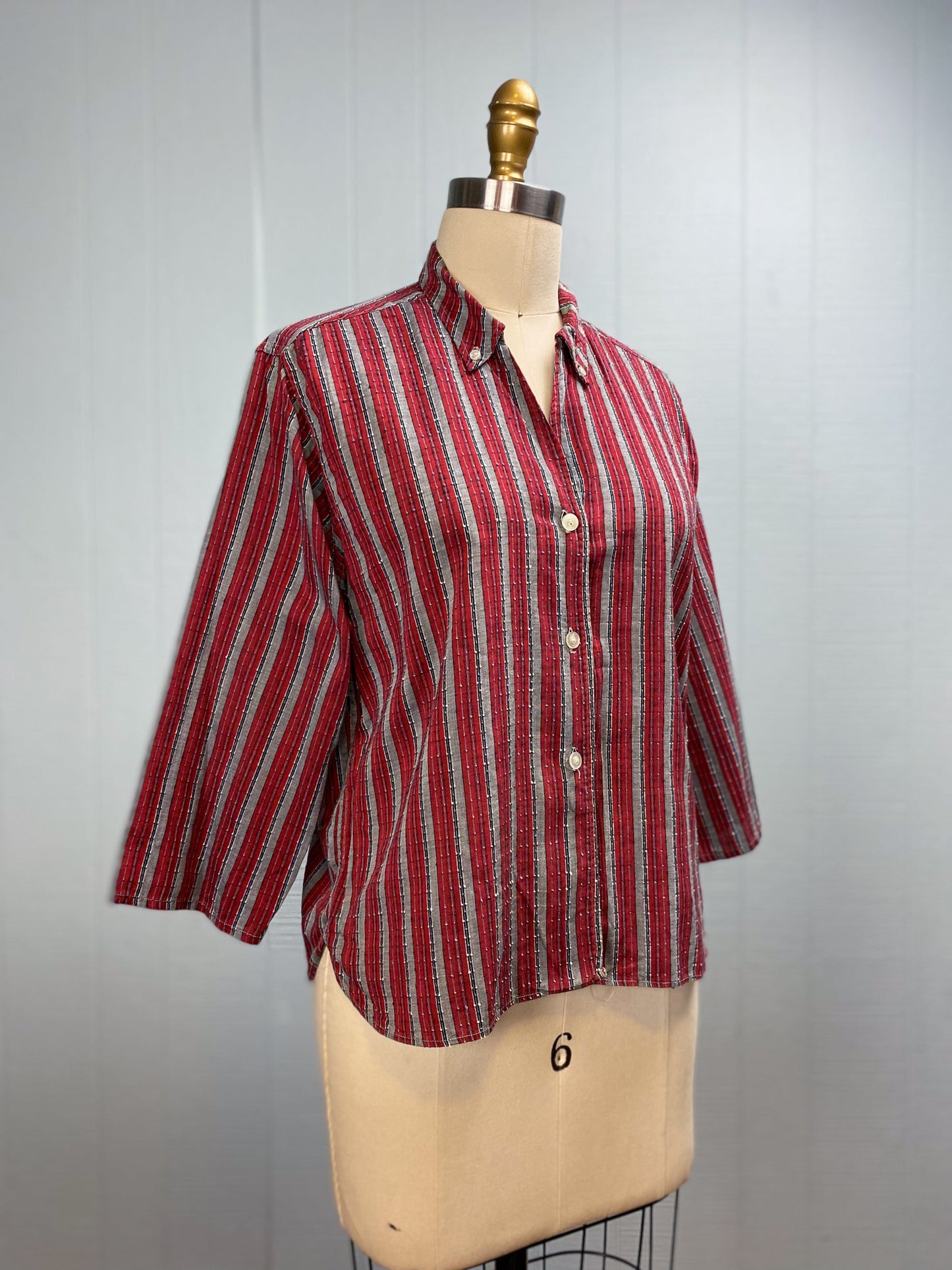 50's Red & Grey Vertical Textured Stripe Button Down Oxford Wash n' Wear Blouse | M/L