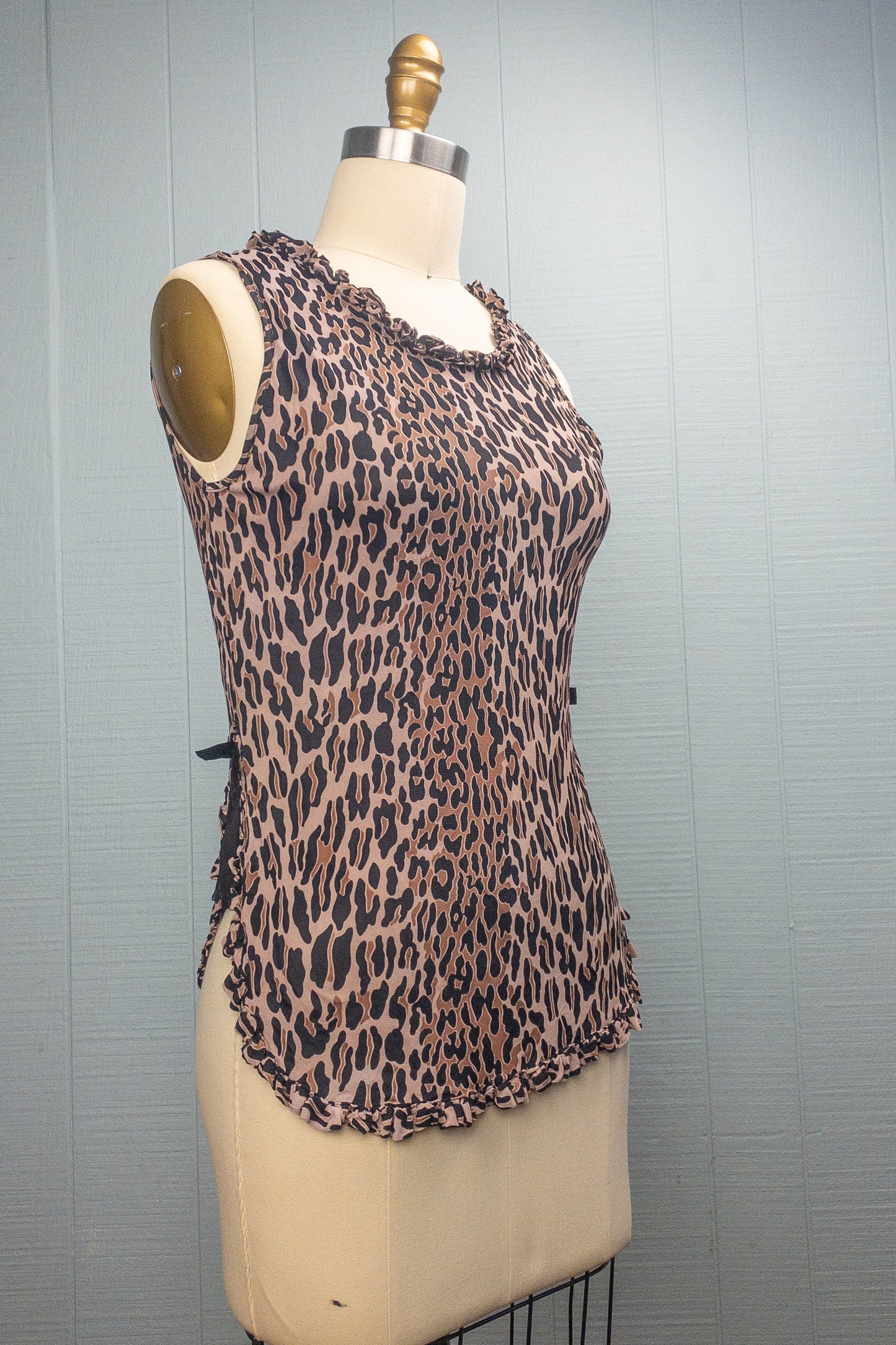 50s 60s Leopard Ruffle Tank Top | XXS/XS