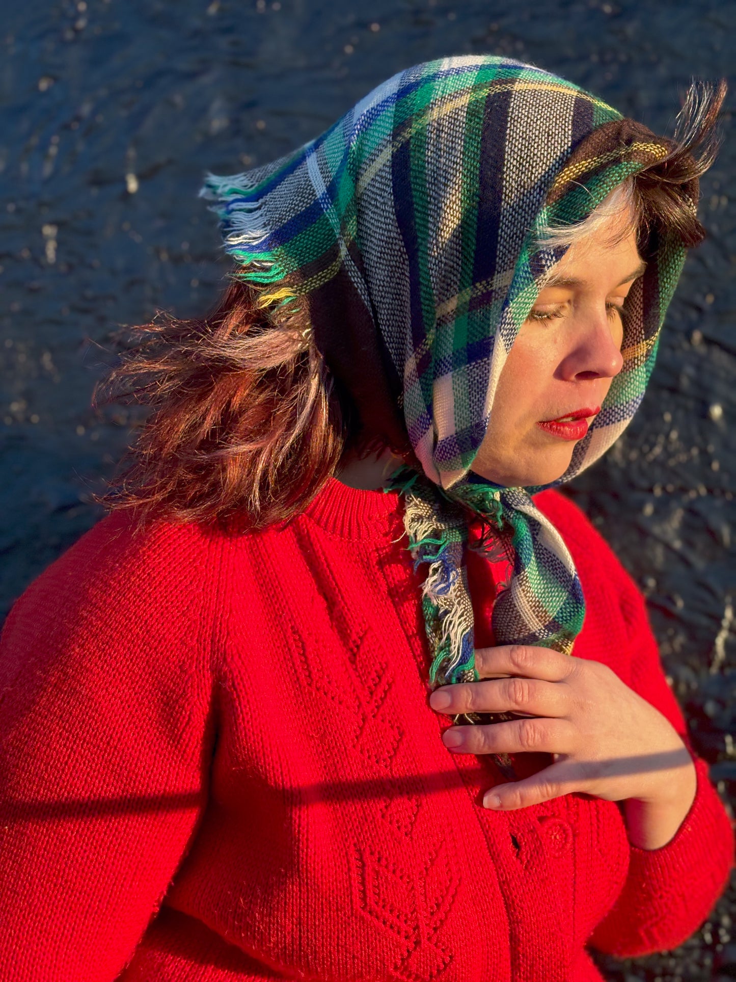 Green Blue Brown Plaid Winter Head Scarf Kerchief 26"