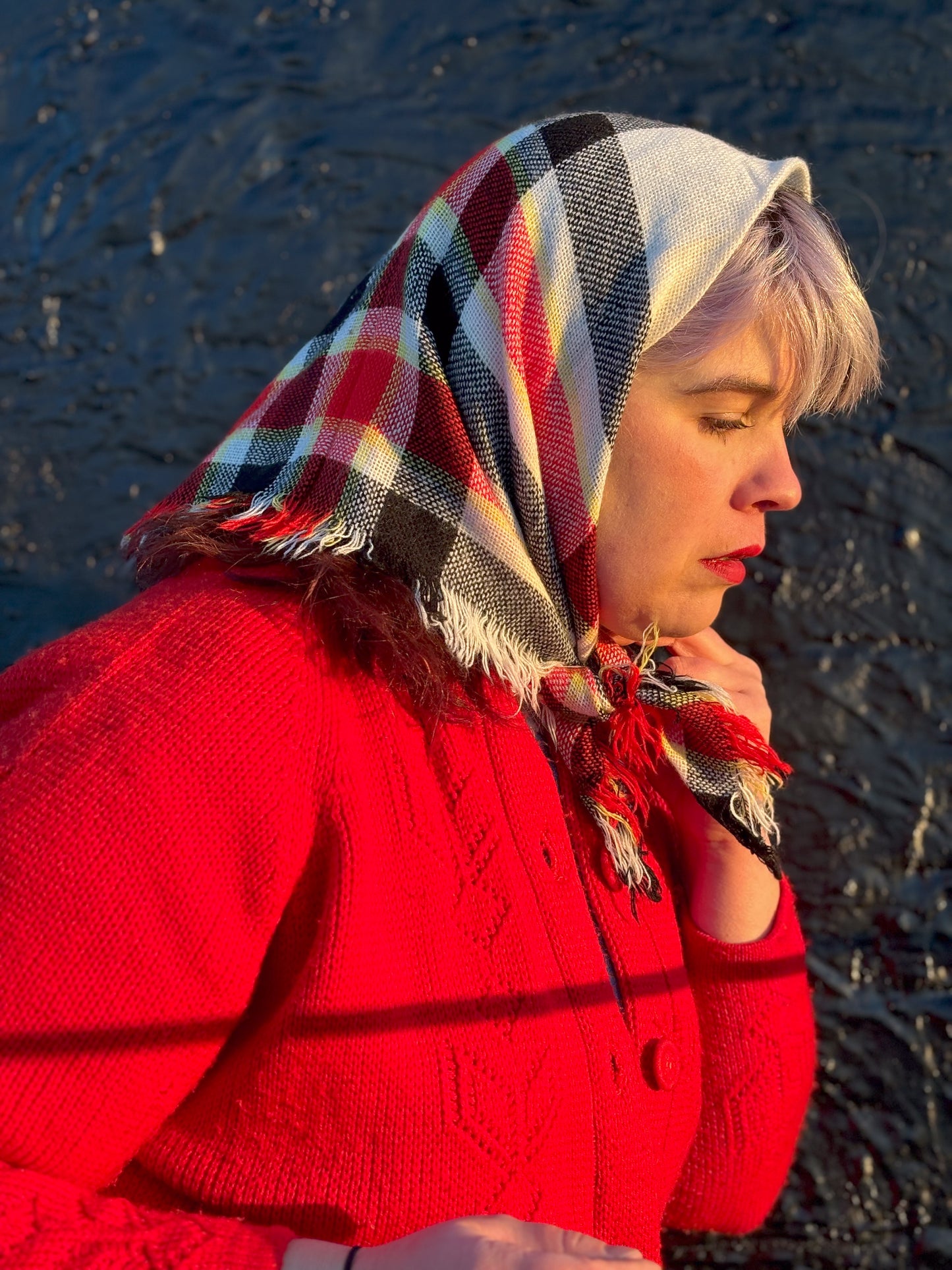 Red Black Yellow White Plaid Winter Head Scarf Kerchief 26"