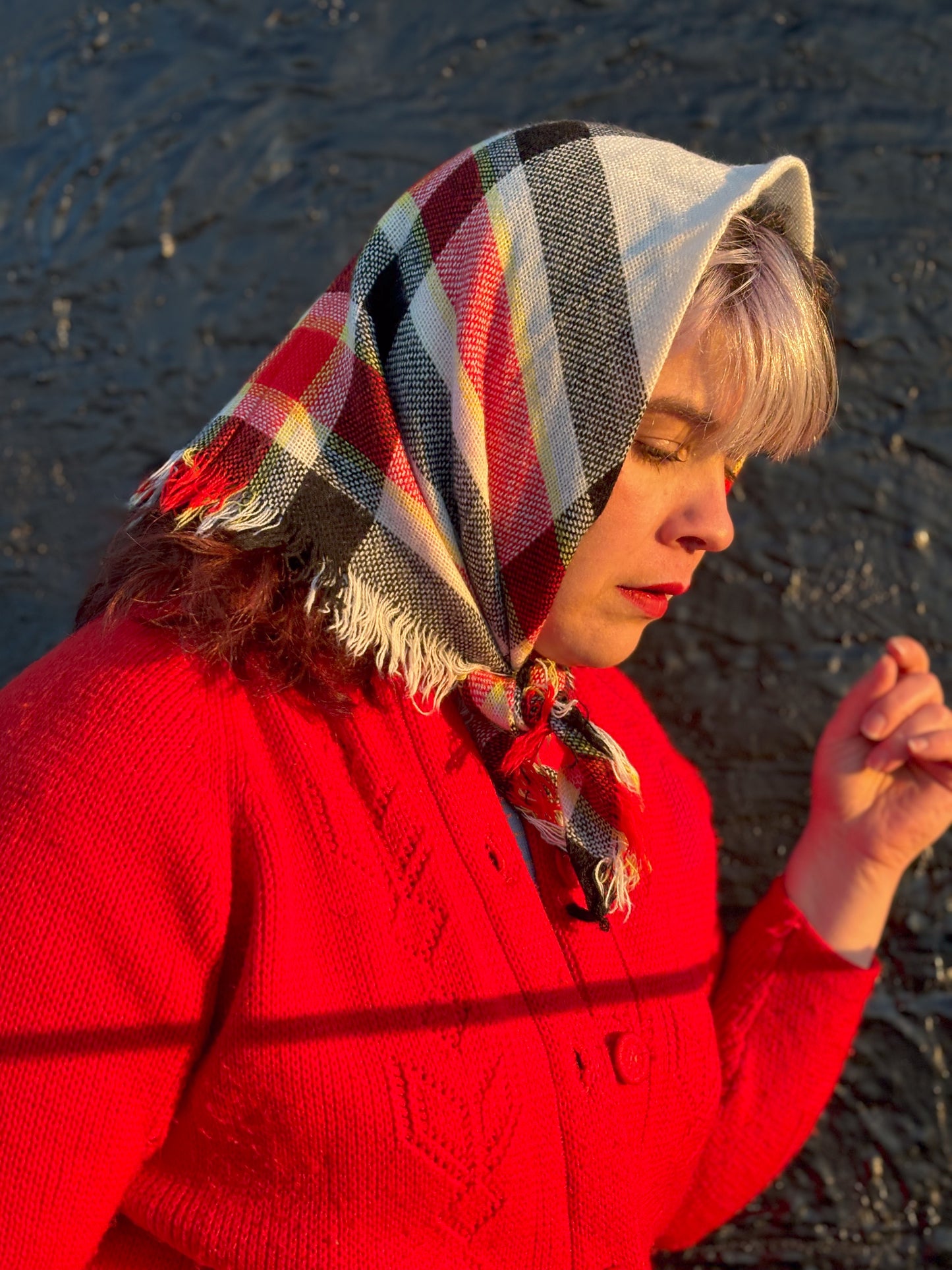 Red Black Yellow White Plaid Winter Head Scarf Kerchief 26"