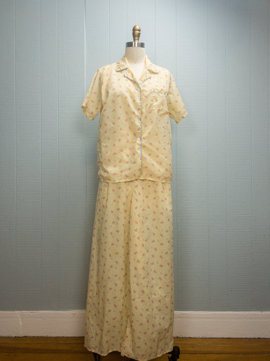 40's 50's Bows & Flowers Yellow Pajama Set | M