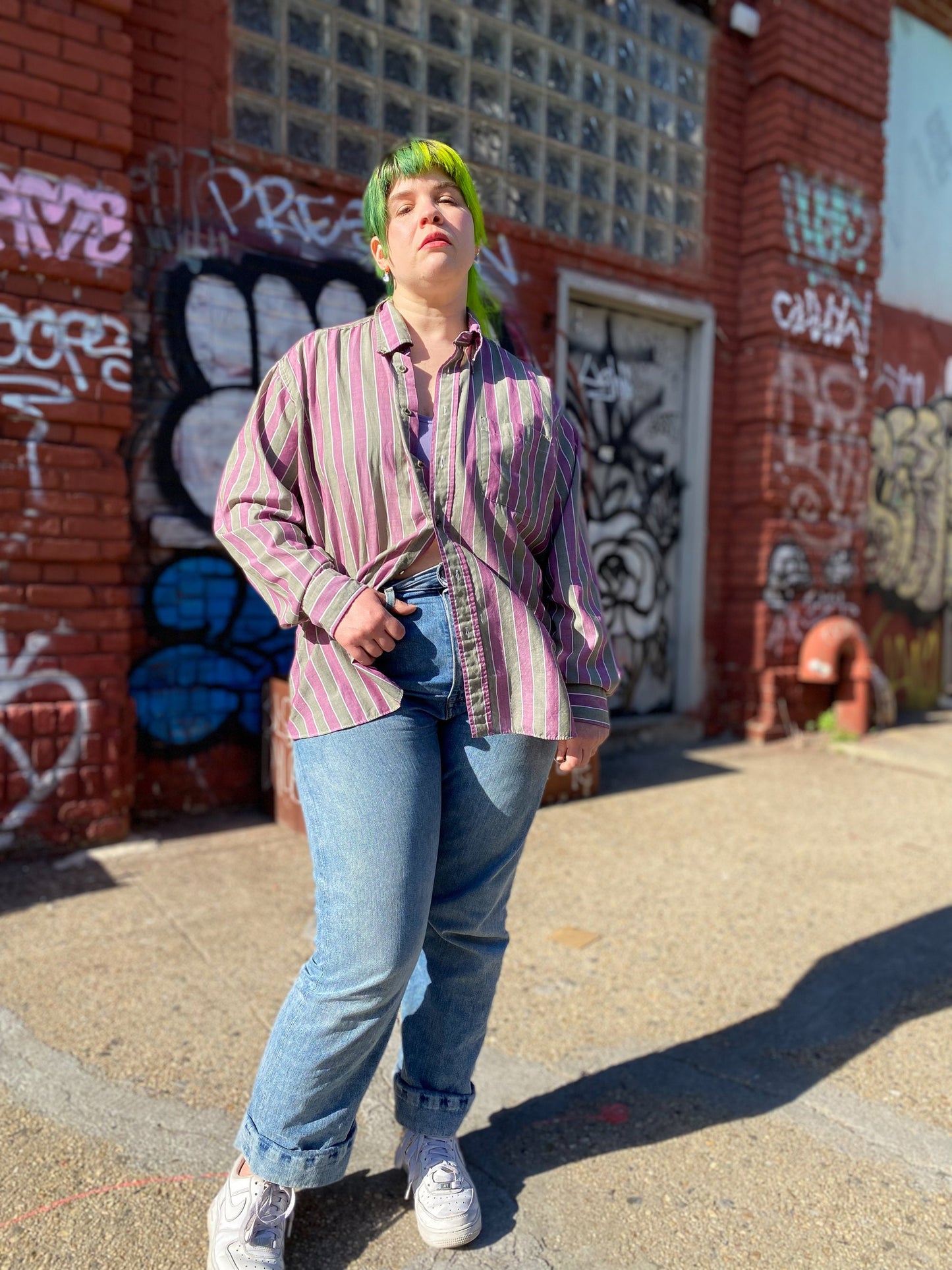 80s 90s Purple Stripe Button Down Shirt | L/XL