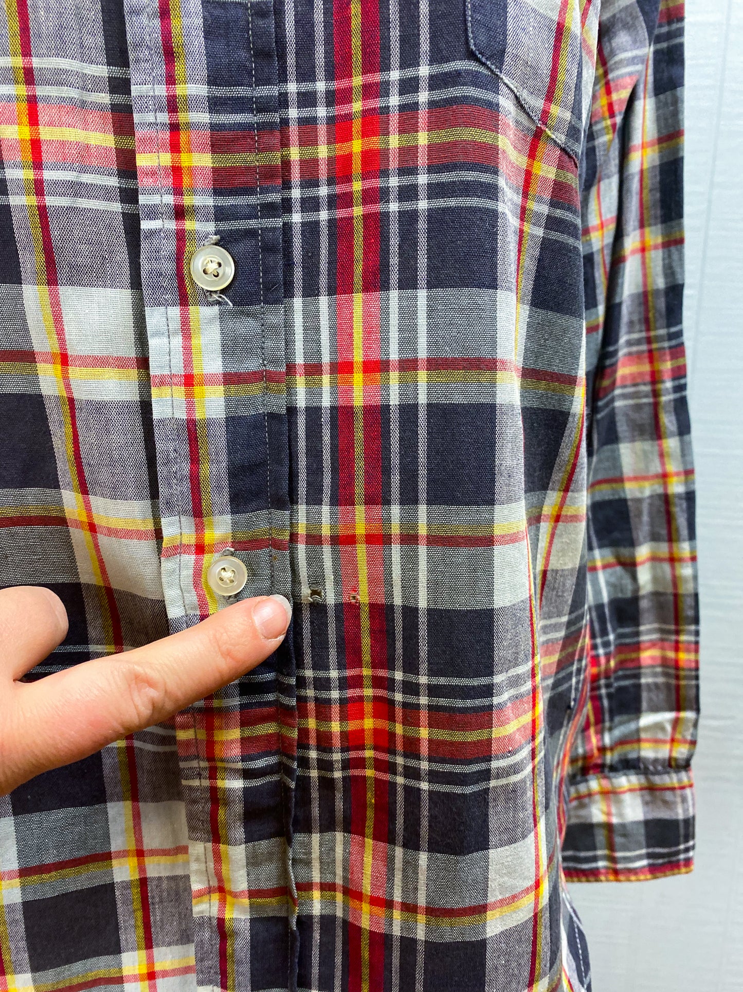 50's Madras Red Grey Yellow Plaid L/S Shirt | M/L