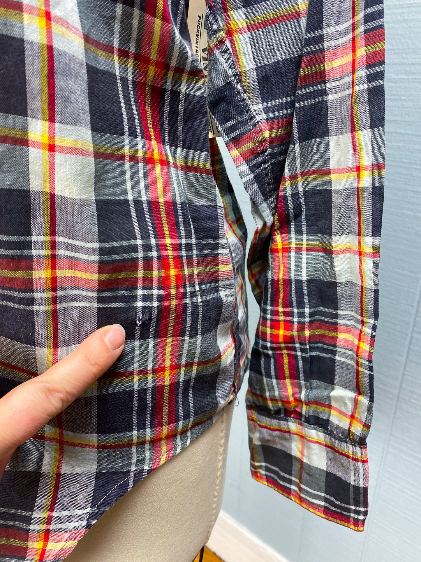 50's Madras Red Grey Yellow Plaid L/S Shirt | M/L