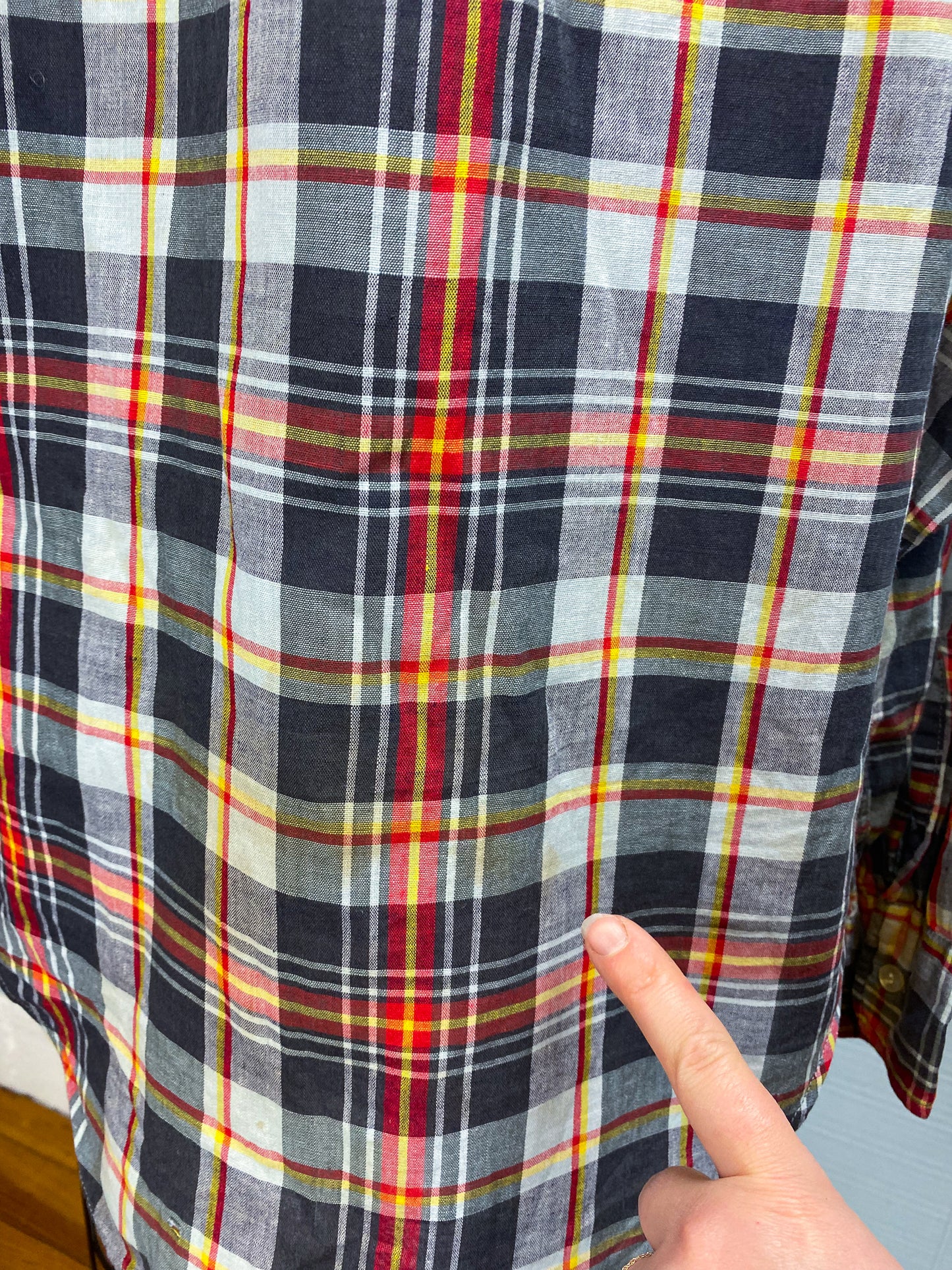 50's Madras Red Grey Yellow Plaid L/S Shirt | M/L