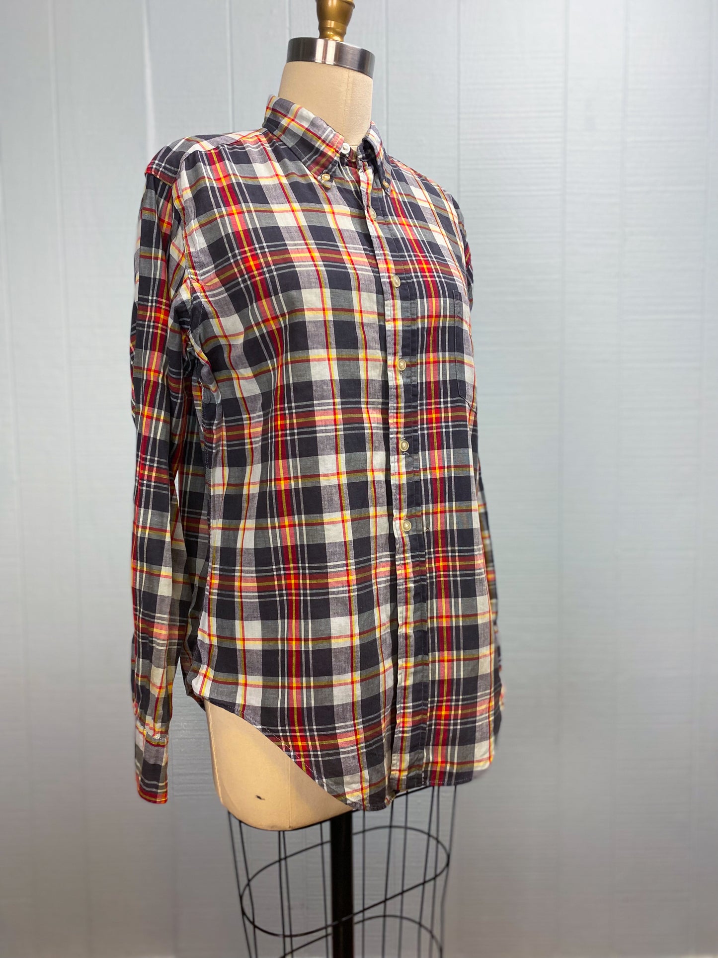 50's Madras Red Grey Yellow Plaid L/S Shirt | M/L