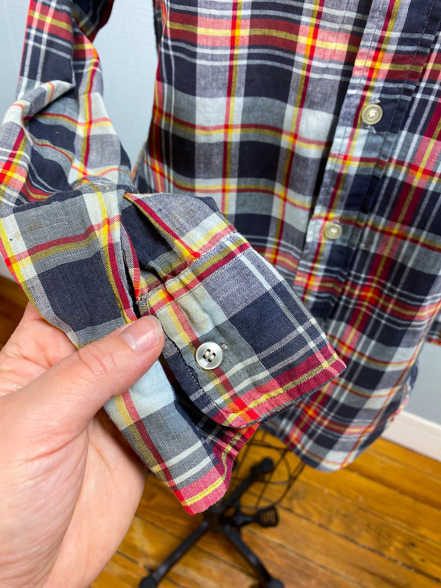 50's Madras Red Grey Yellow Plaid L/S Shirt | M/L