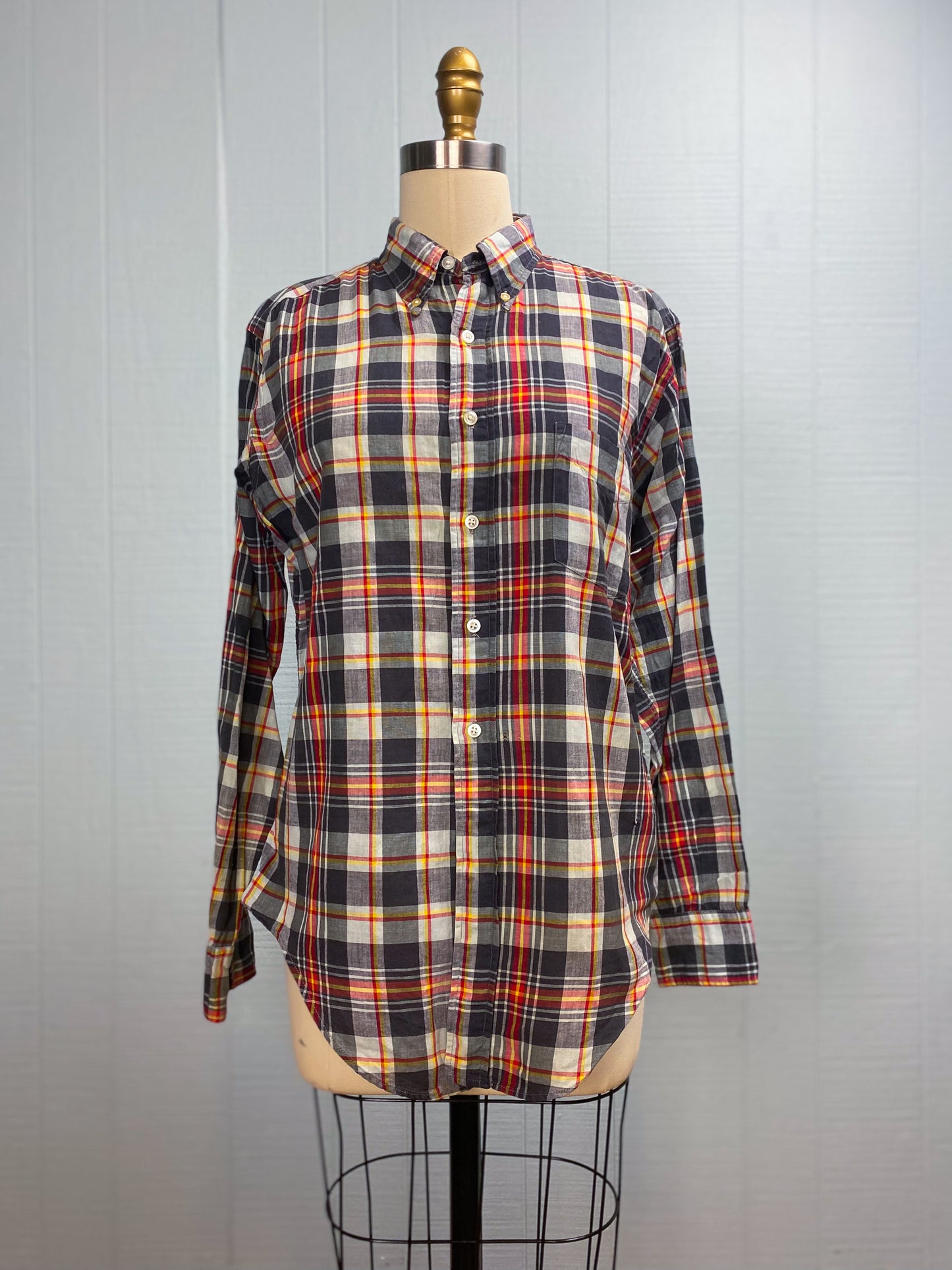 50's Madras Red Grey Yellow Plaid L/S Shirt | M/L