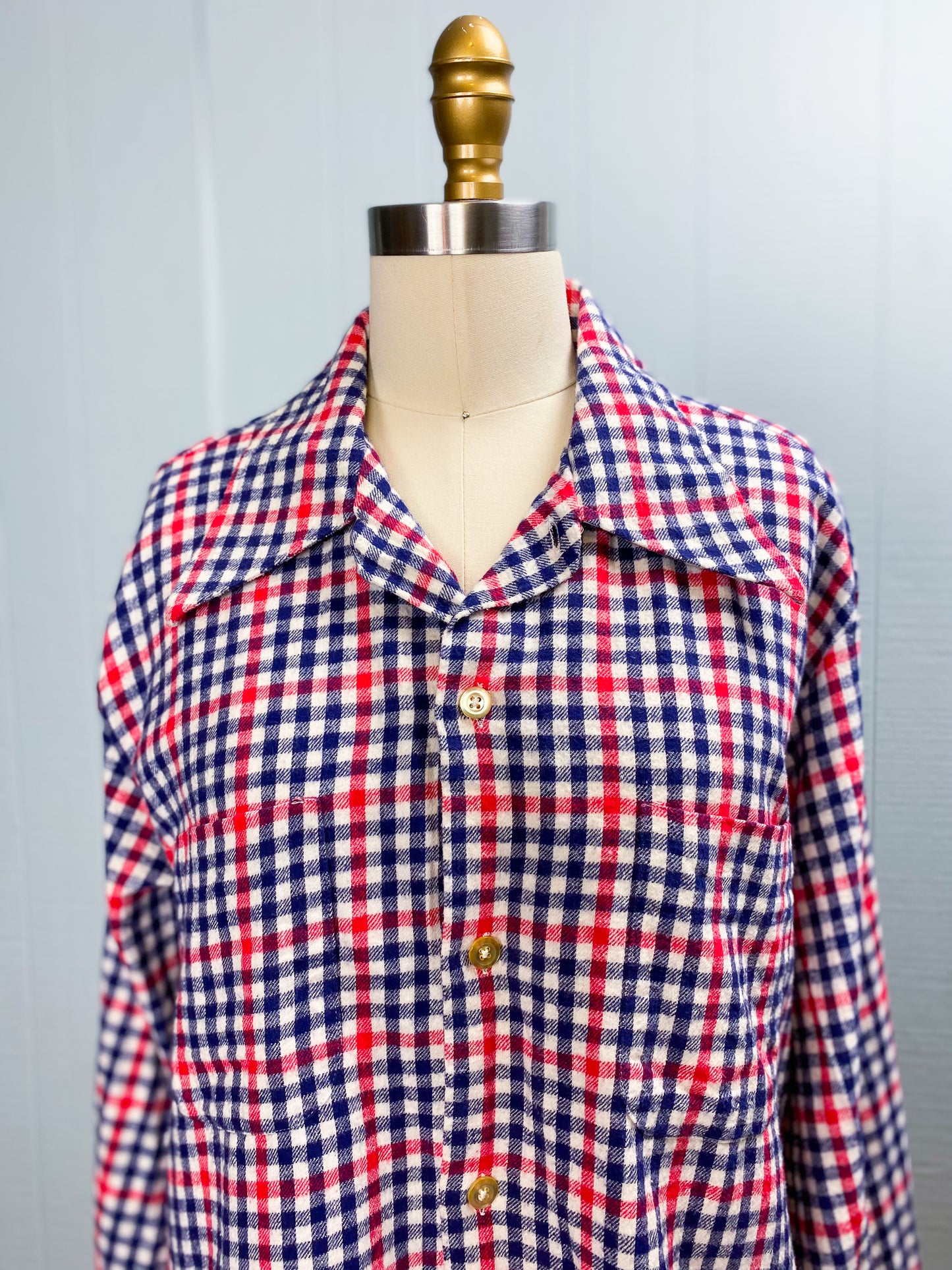 60s Blue & Red Cotton Plaid Flannel Button Up Shirt | L/XL