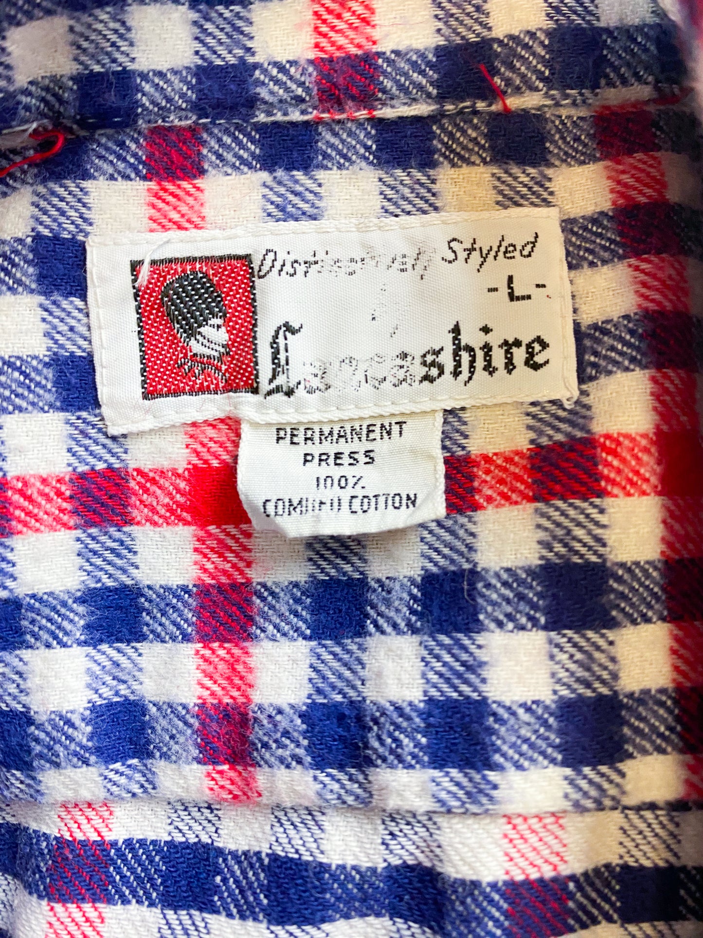 60s Blue & Red Cotton Plaid Flannel Button Up Shirt | L/XL