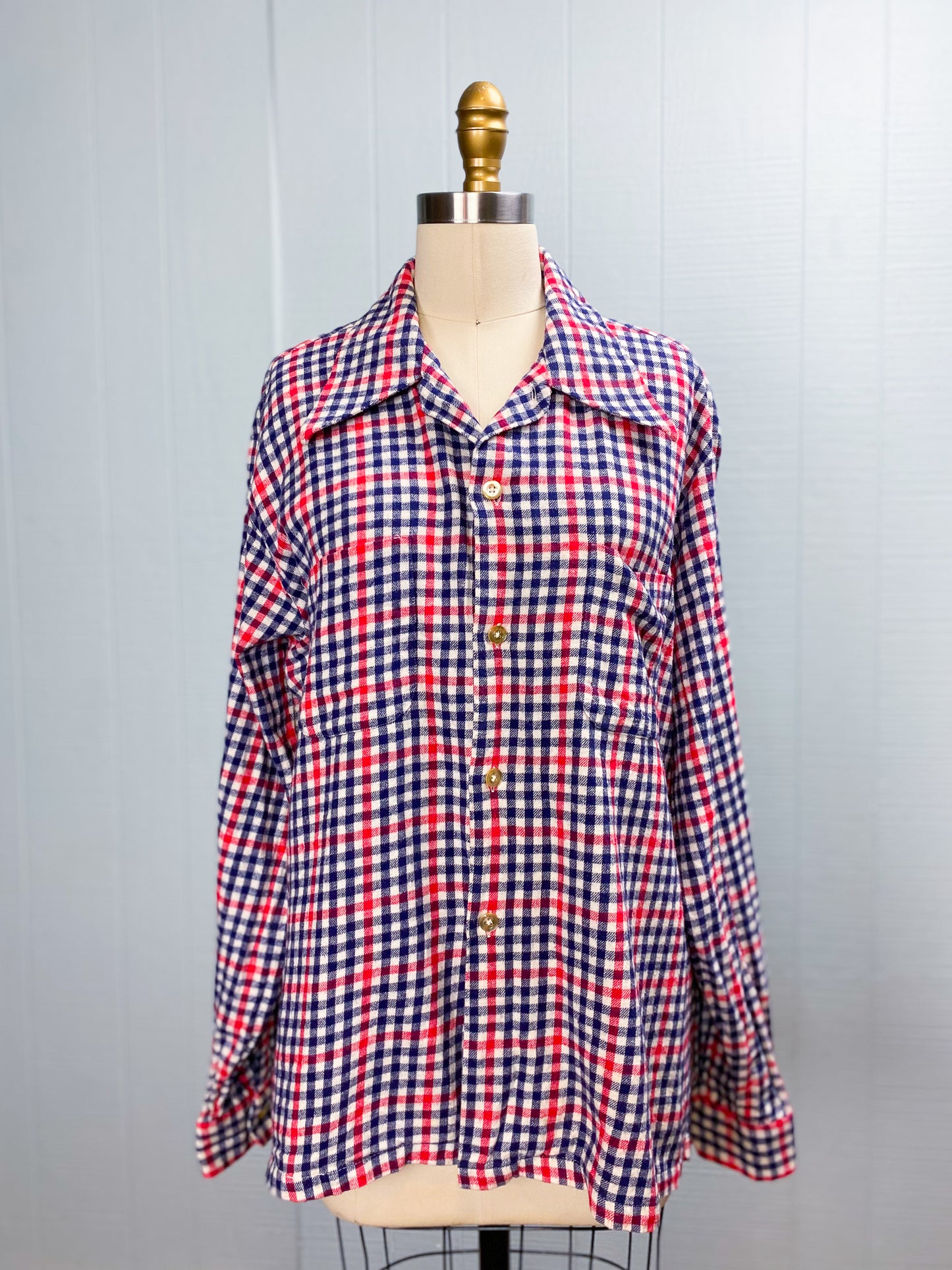 60s Blue & Red Cotton Plaid Flannel Button Up Shirt | L/XL