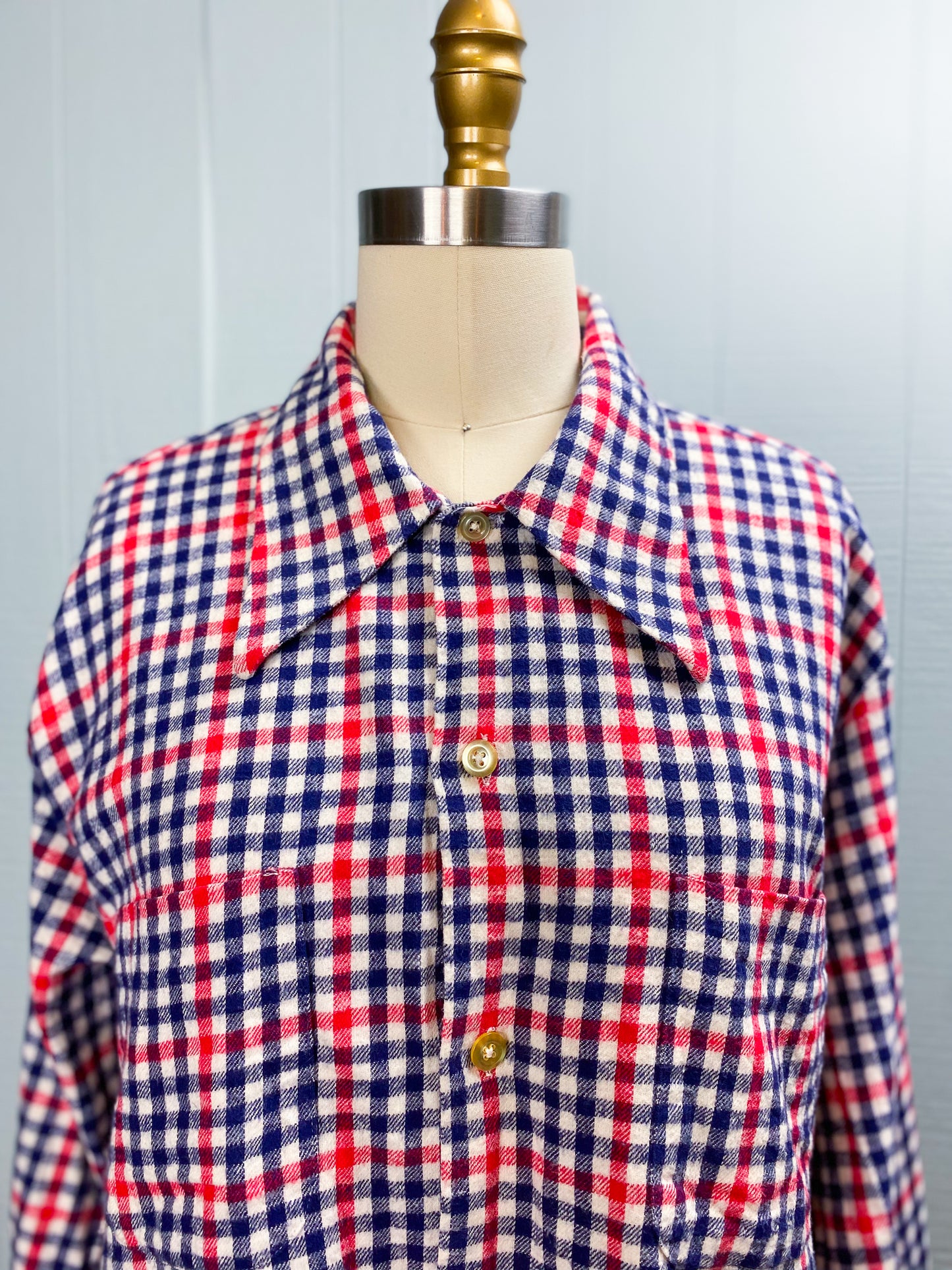 60s Blue & Red Cotton Plaid Flannel Button Up Shirt | L/XL