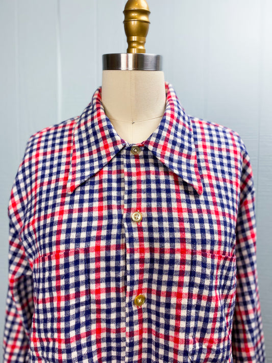 60s Blue & Red Cotton Plaid Flannel Button Up Shirt | L/XL