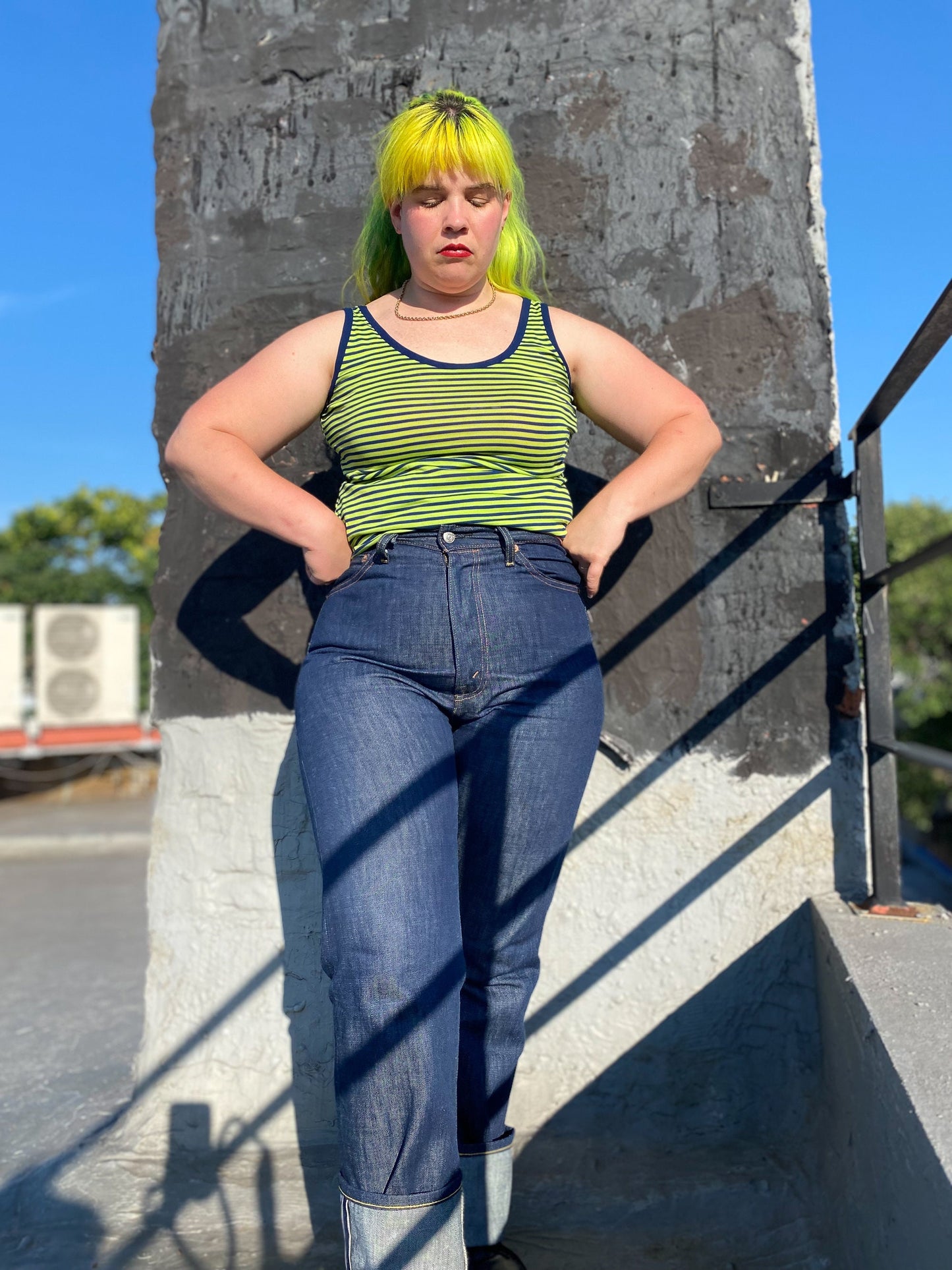 60's/70's Lime Green & Navy Stripe Tank | M/L