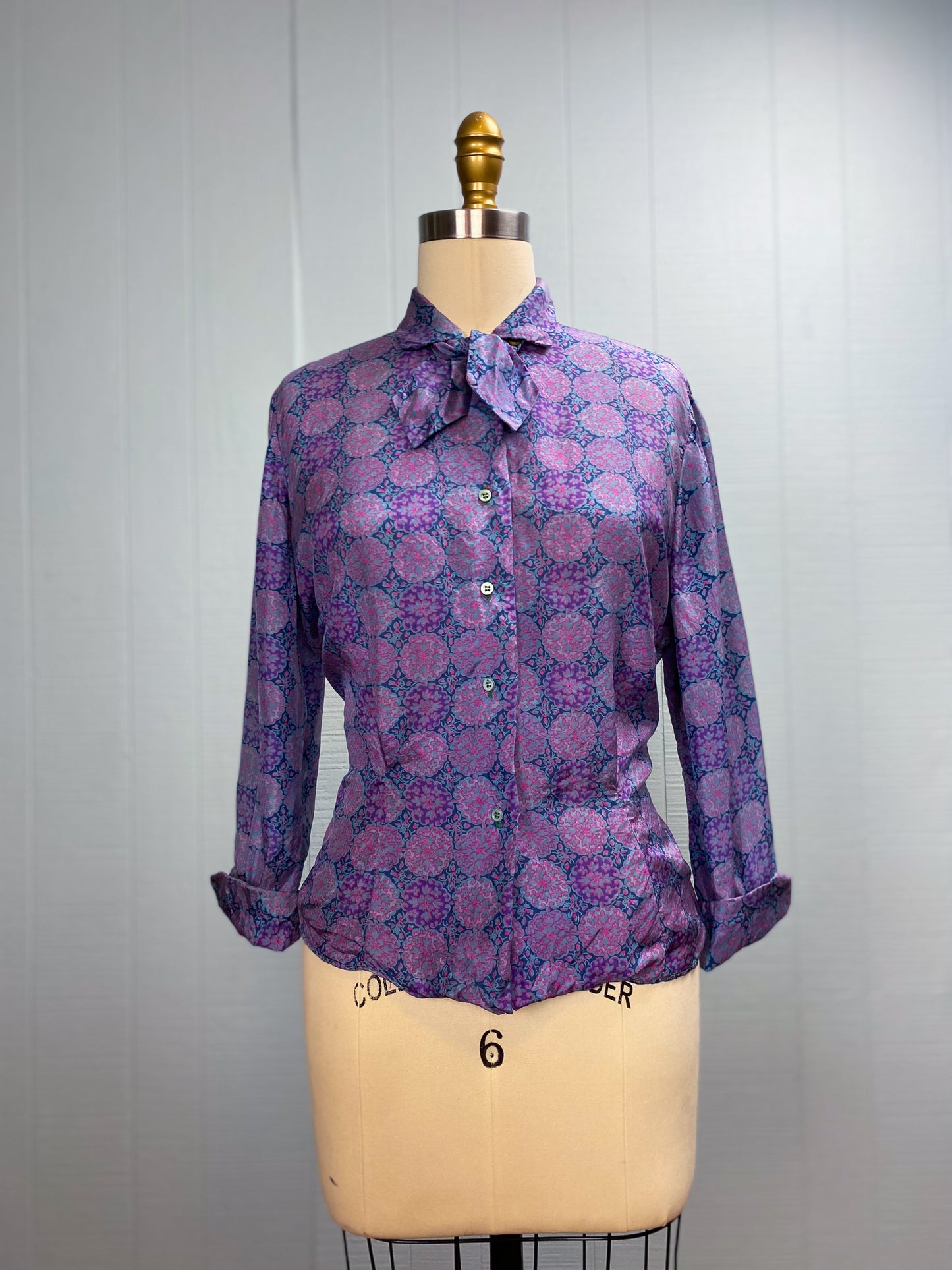 50's Silk Purple Pink Medallion Blouse | L
