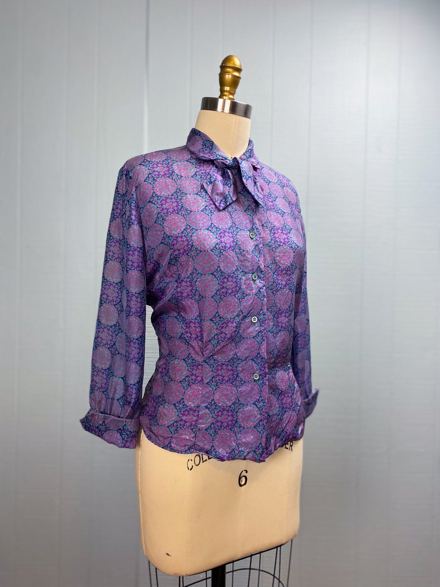 50's Silk Purple Pink Medallion Blouse | L