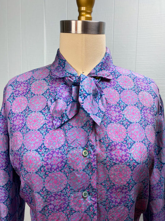50's Silk Purple Pink Medallion Blouse | L