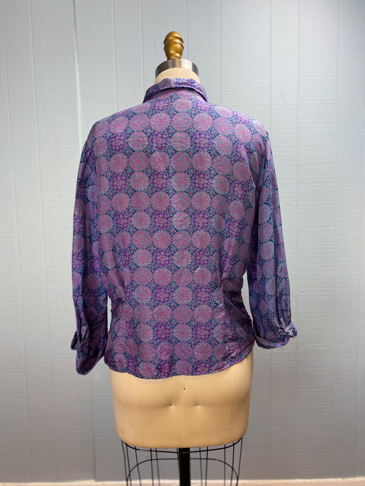 50's Silk Purple Pink Medallion Blouse | L