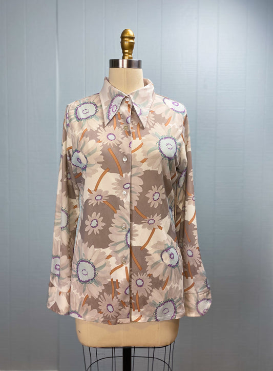 70's Greige Floral Button Down Blouse Dagger Collar | M/L