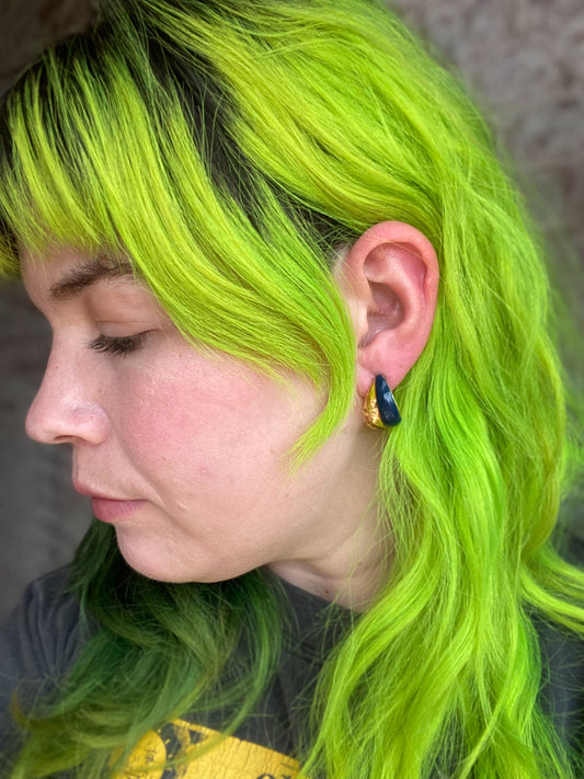 Gold & Navy Huggie Half Hoop Pierced Stud Earrings