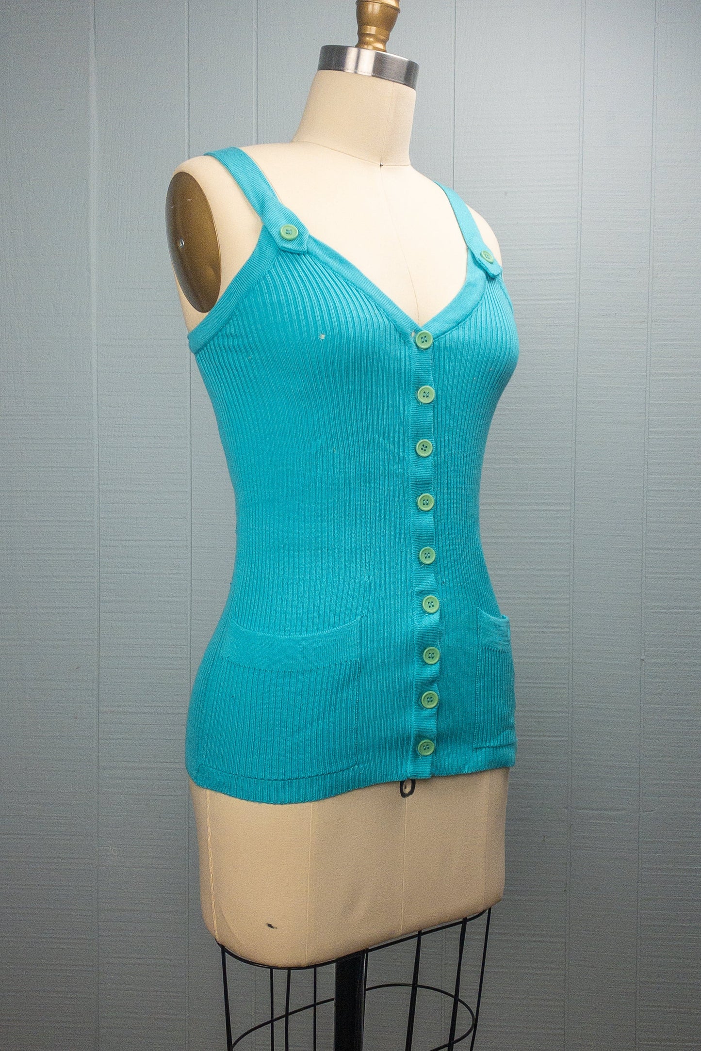 70's Teal Ribbed Button Front Tank | XS/S