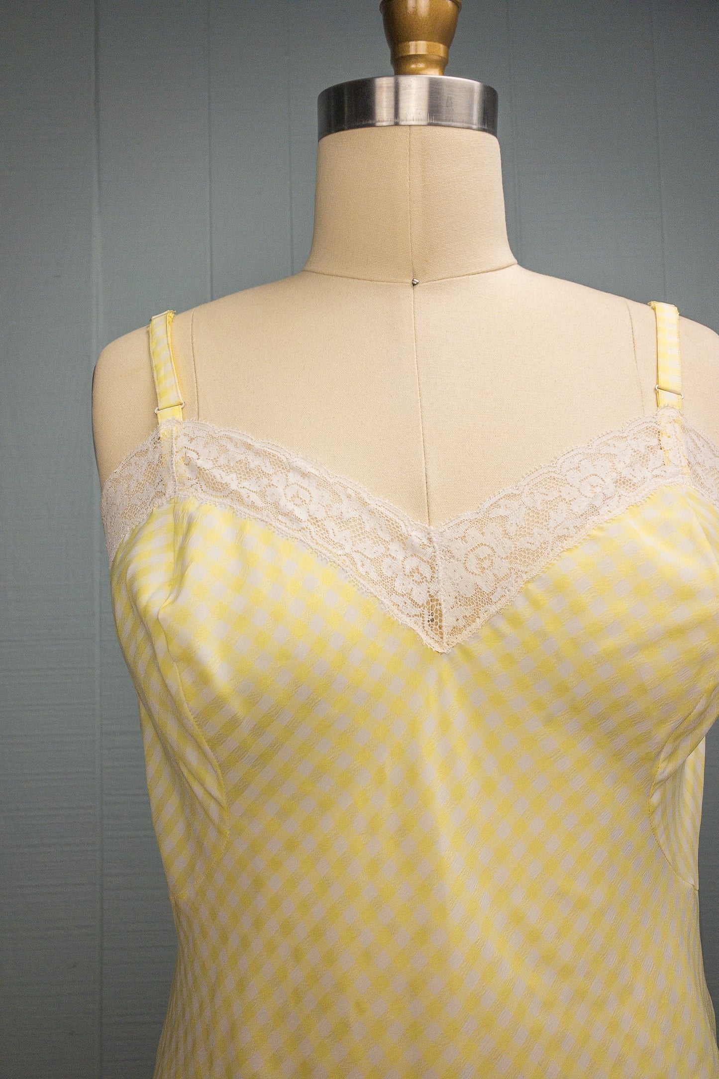60's Yellow Gingham Lace Nightgown Slip | M