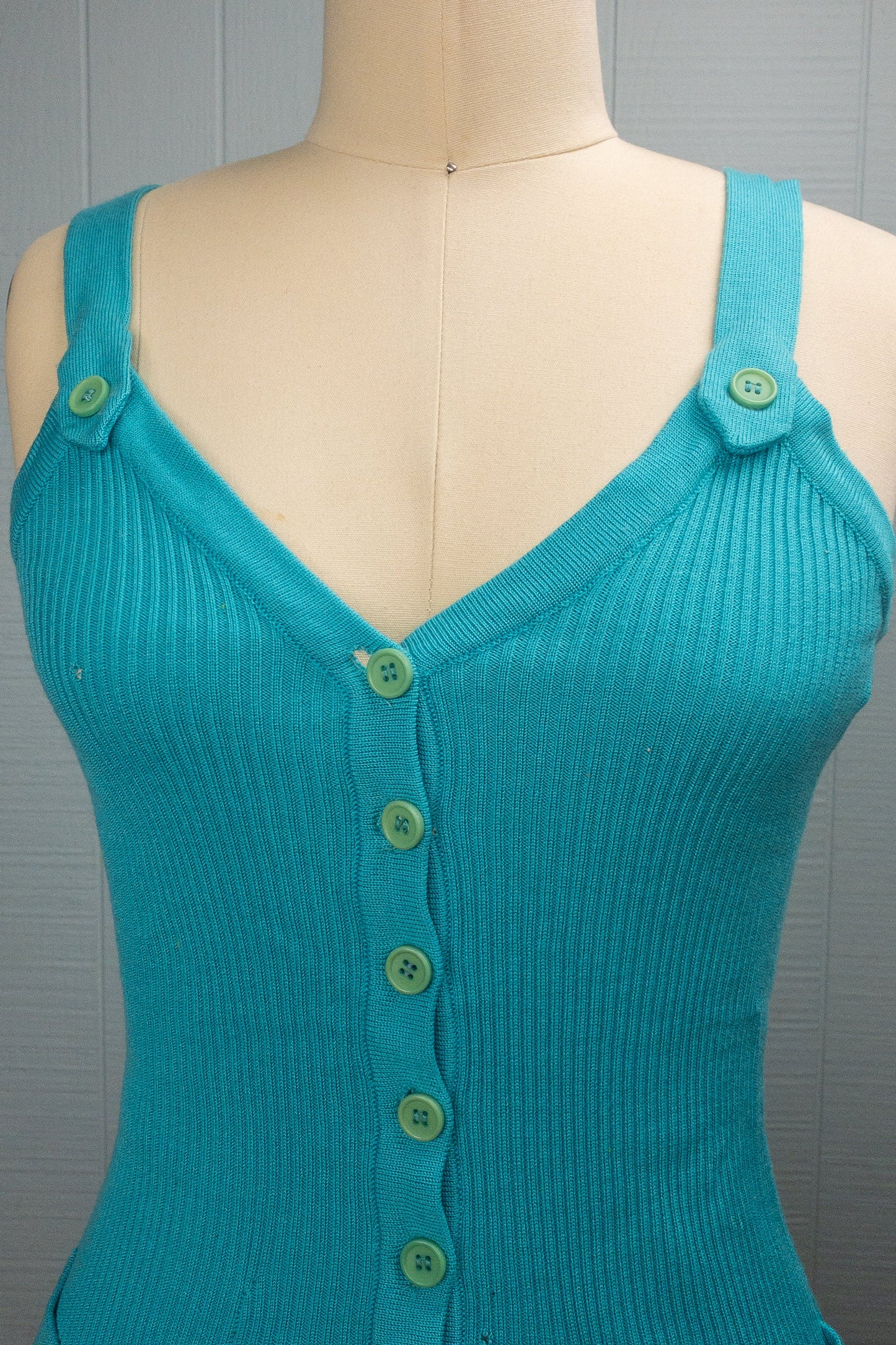 70's Teal Ribbed Button Front Tank | XS/S