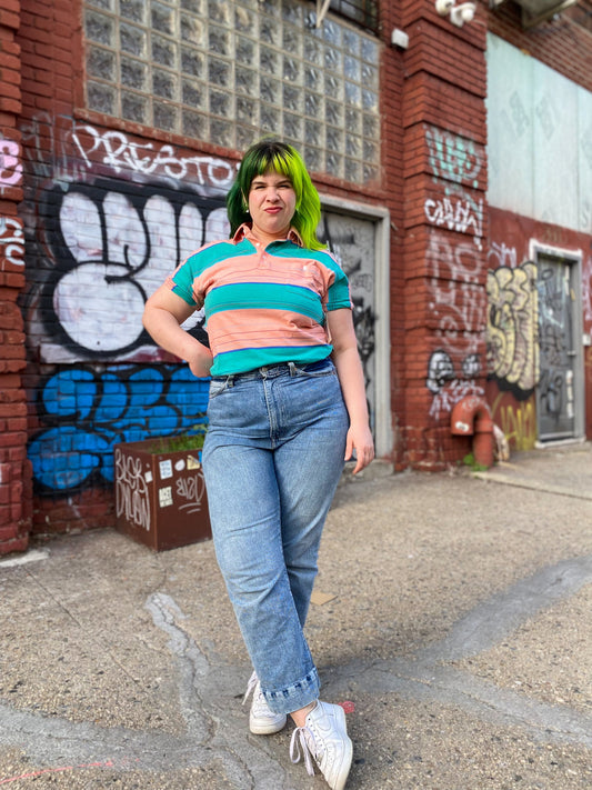 80's Salmon Pink Striped Polo Shirt | M/L