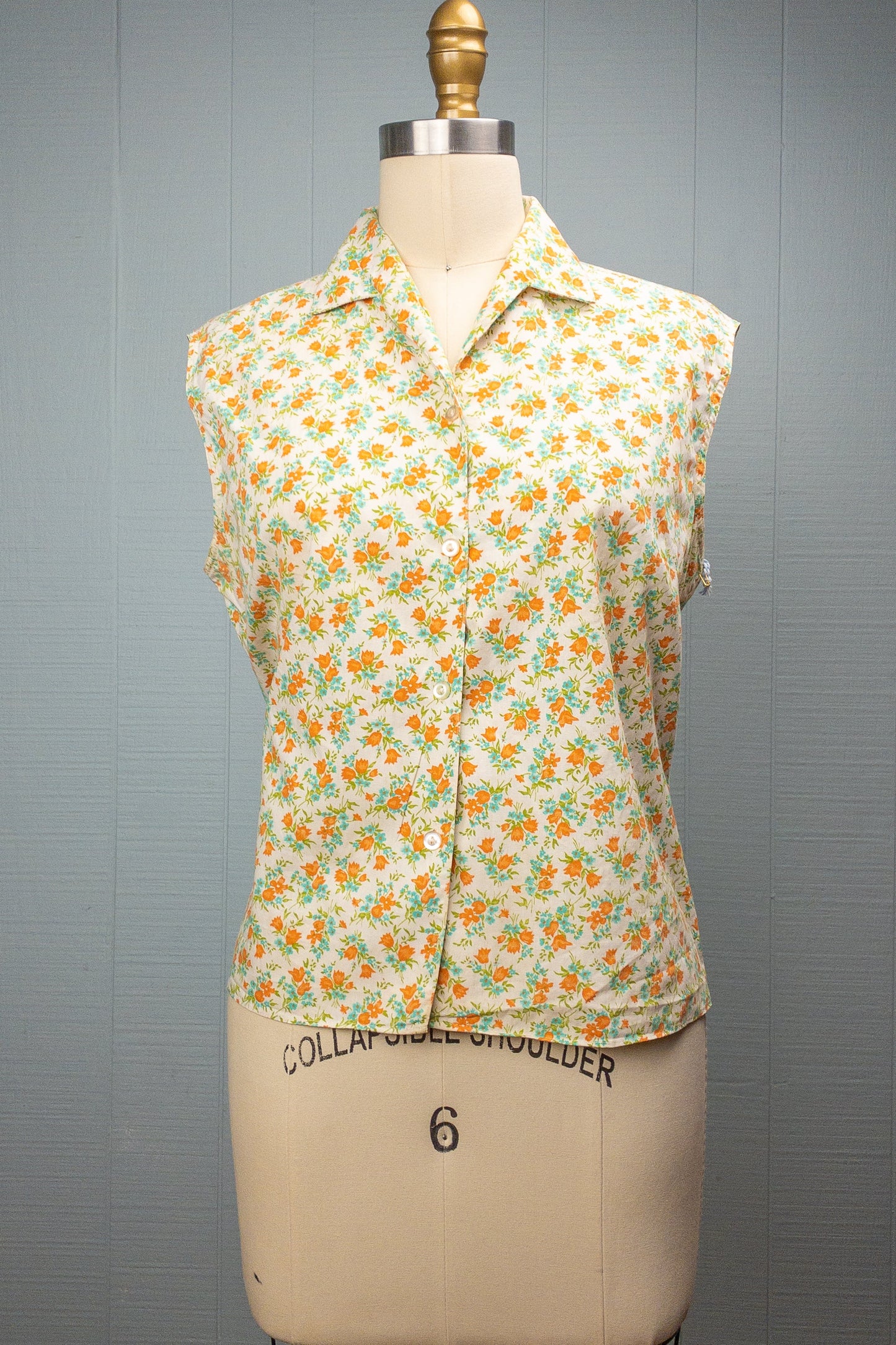 60's Orange & Teal Tulip Sleeveless Shirt | M/L