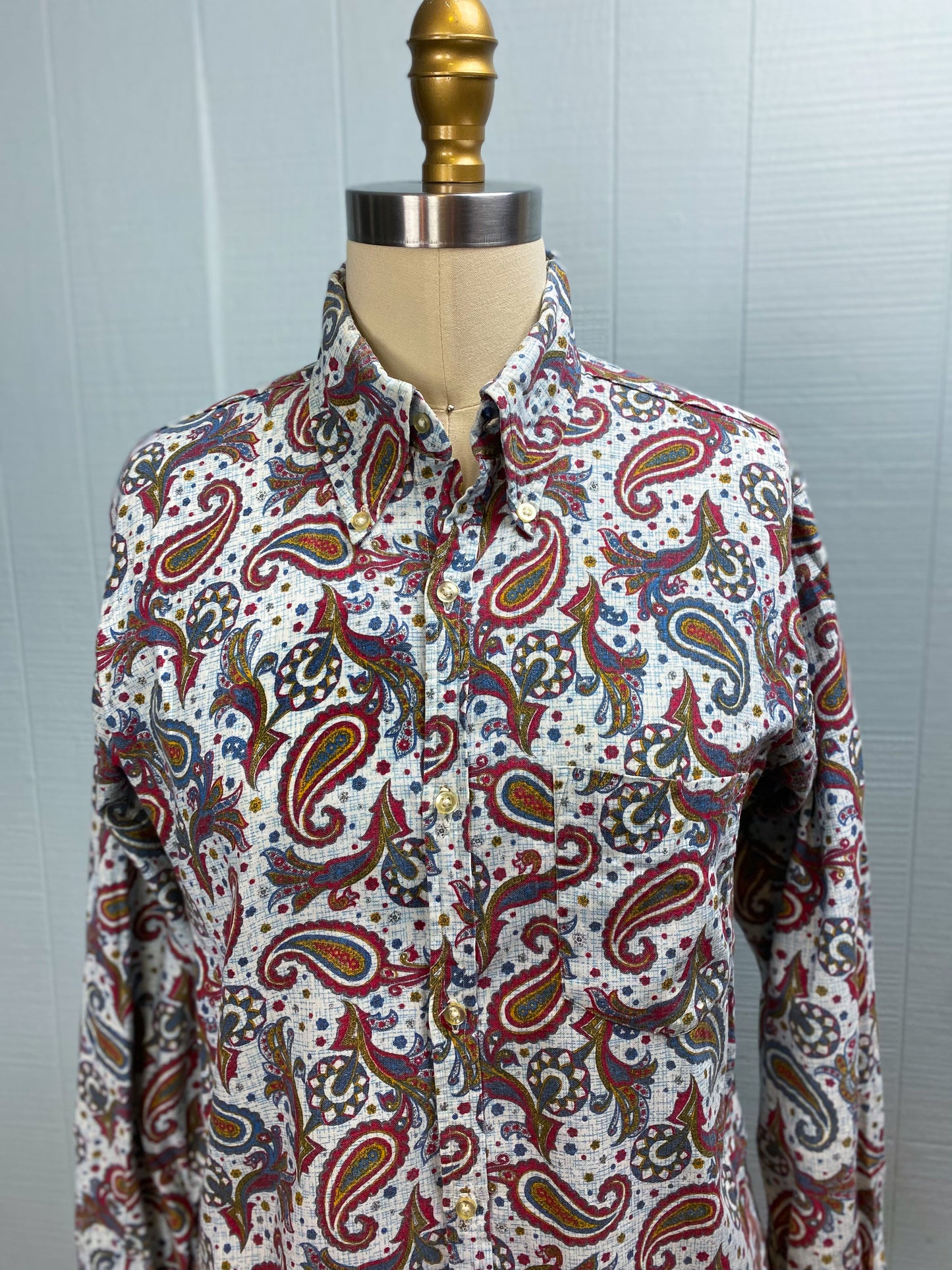 50s Pale Blue & Red Paisley Cotton Button Shirt | M/L