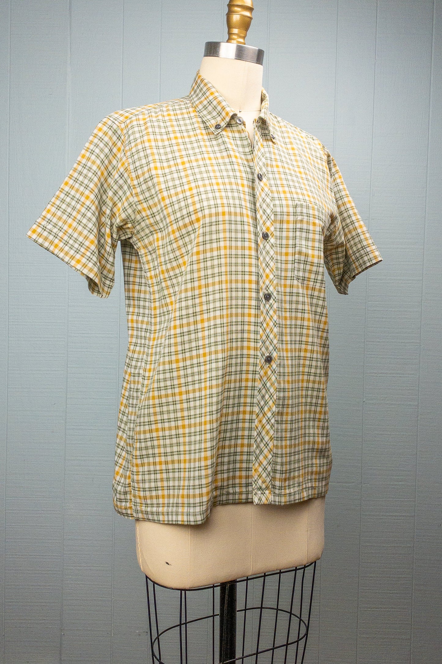50's 60's Green & Yellow Plaid Button Down Shirt | M