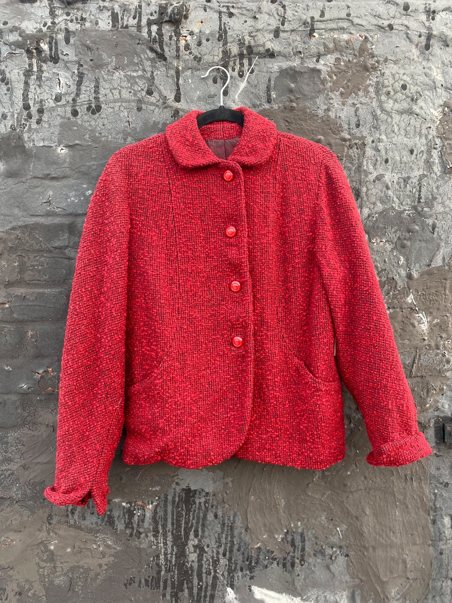 50's Cropped Wine Red Textured Wool Coat